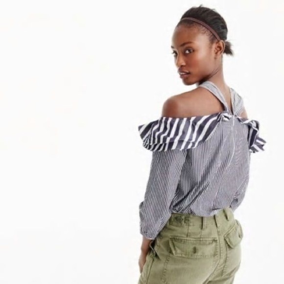 J. Crew • Navy Stripe Off Shoulder Ruffle Blouse - Picture 3 of 10